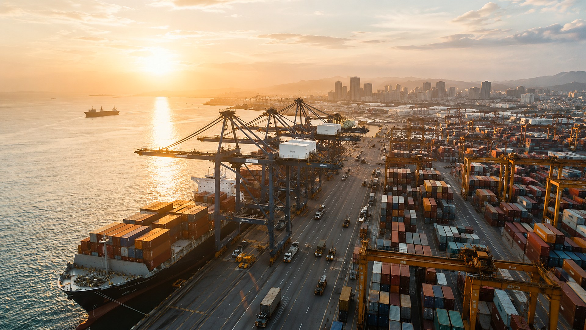 Container port and international trade corridor at sunset